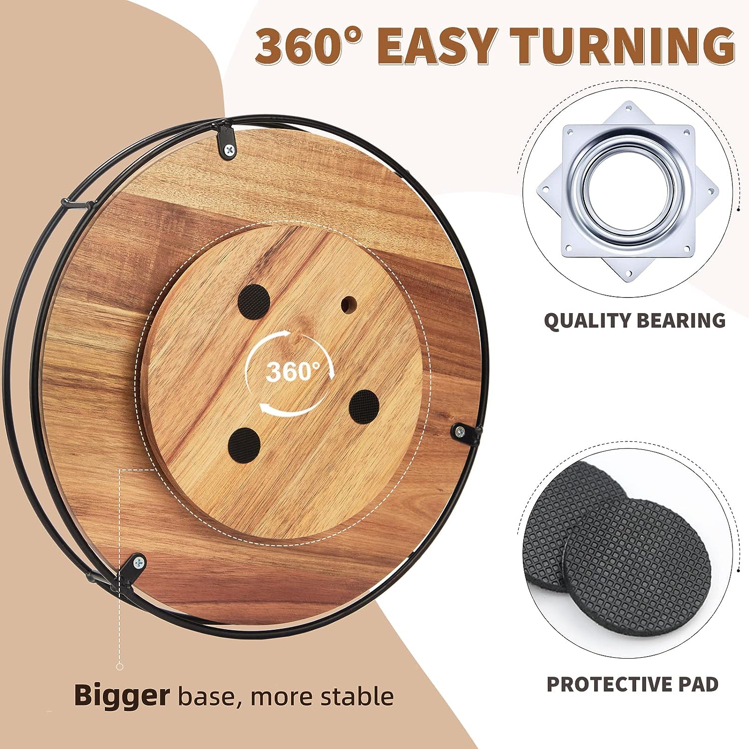 12 Acacia Wood Lazy Susan Turntable, Tomoaza Kitchen Organizer Turntable with Steel Sides, 360 Degree Turntable for Countertop Cabinet or Dining Table(Black)