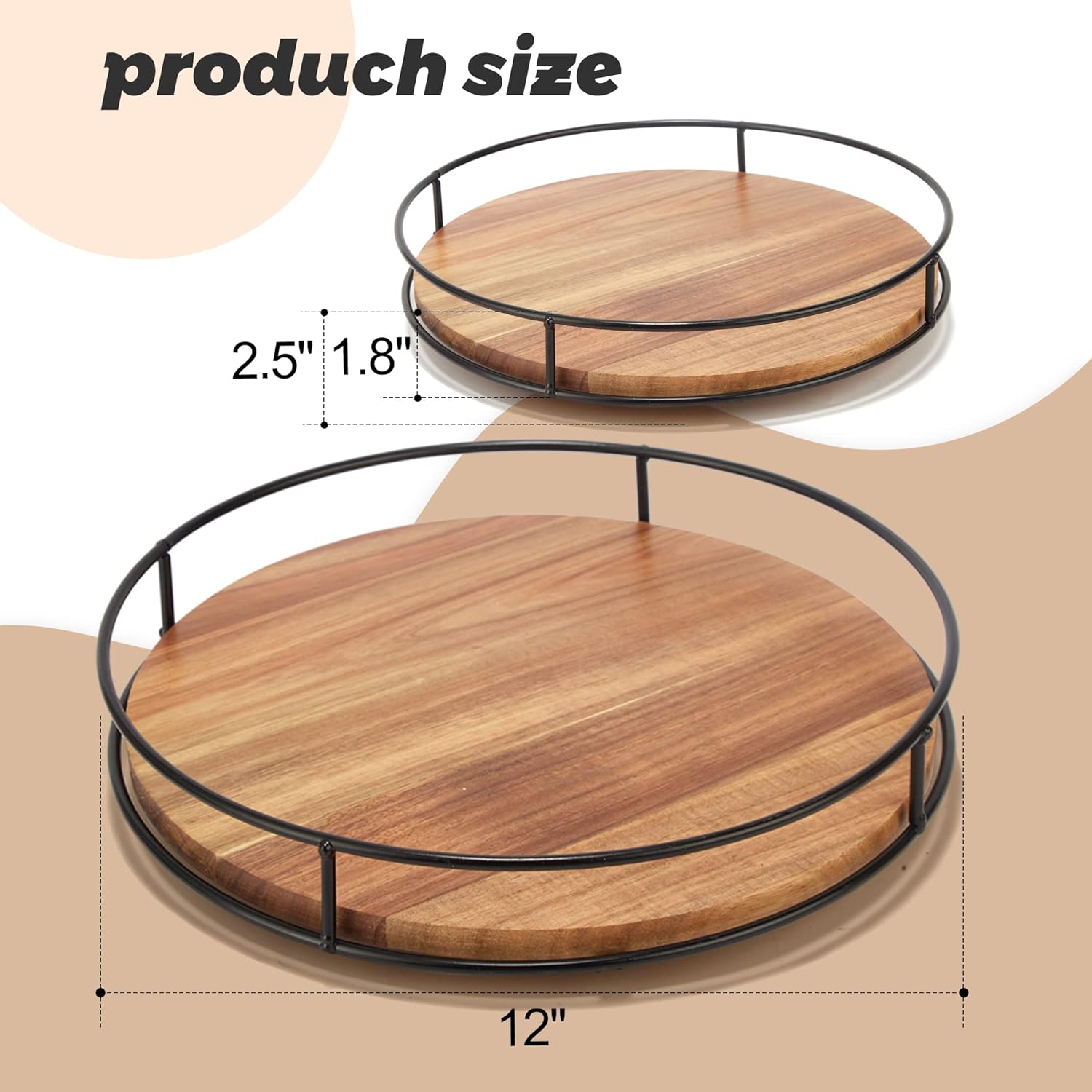 12 Acacia Wood Lazy Susan Turntable, Tomoaza Kitchen Organizer Turntable with Steel Sides, 360 Degree Turntable for Countertop Cabinet or Dining Table(Black)