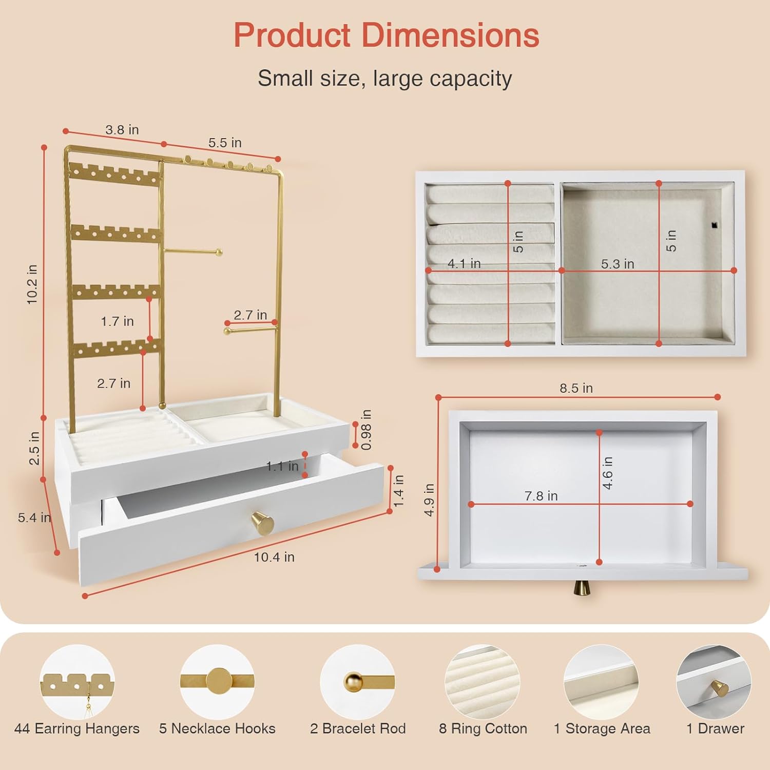 Goozii Jewelry Holder Organizer Stand for Women Girls, Aesthetic Rings Earring Bracelet Necklace Holder for Vanity Dresser, Wood Jewelry Hanger Tree with Tray Drawer Storage Box -White and Gold