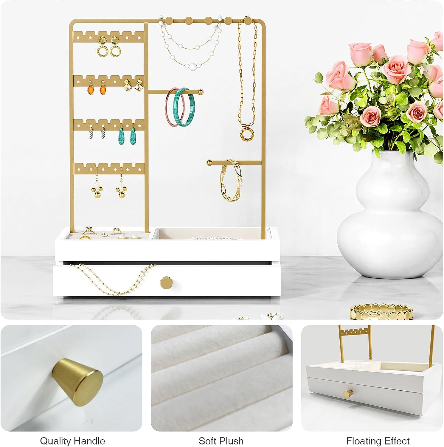 Goozii Jewelry Holder Organizer Stand for Women Girls, Aesthetic Rings Earring Bracelet Necklace Holder for Vanity Dresser, Wood Jewelry Hanger Tree with Tray Drawer Storage Box -White and Gold