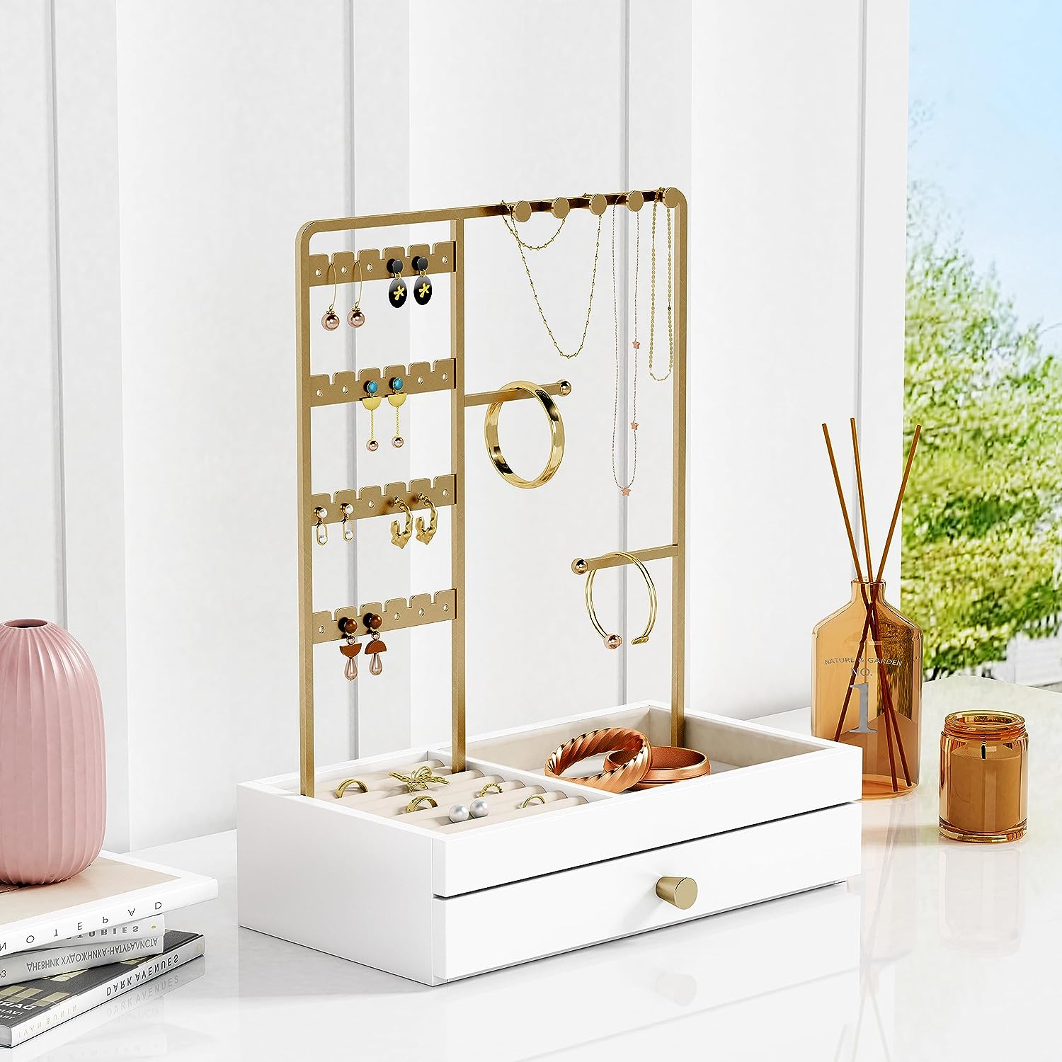 Goozii Jewelry Holder Organizer Stand for Women Girls, Aesthetic Rings Earring Bracelet Necklace Holder for Vanity Dresser, Wood Jewelry Hanger Tree with Tray Drawer Storage Box -White and Gold