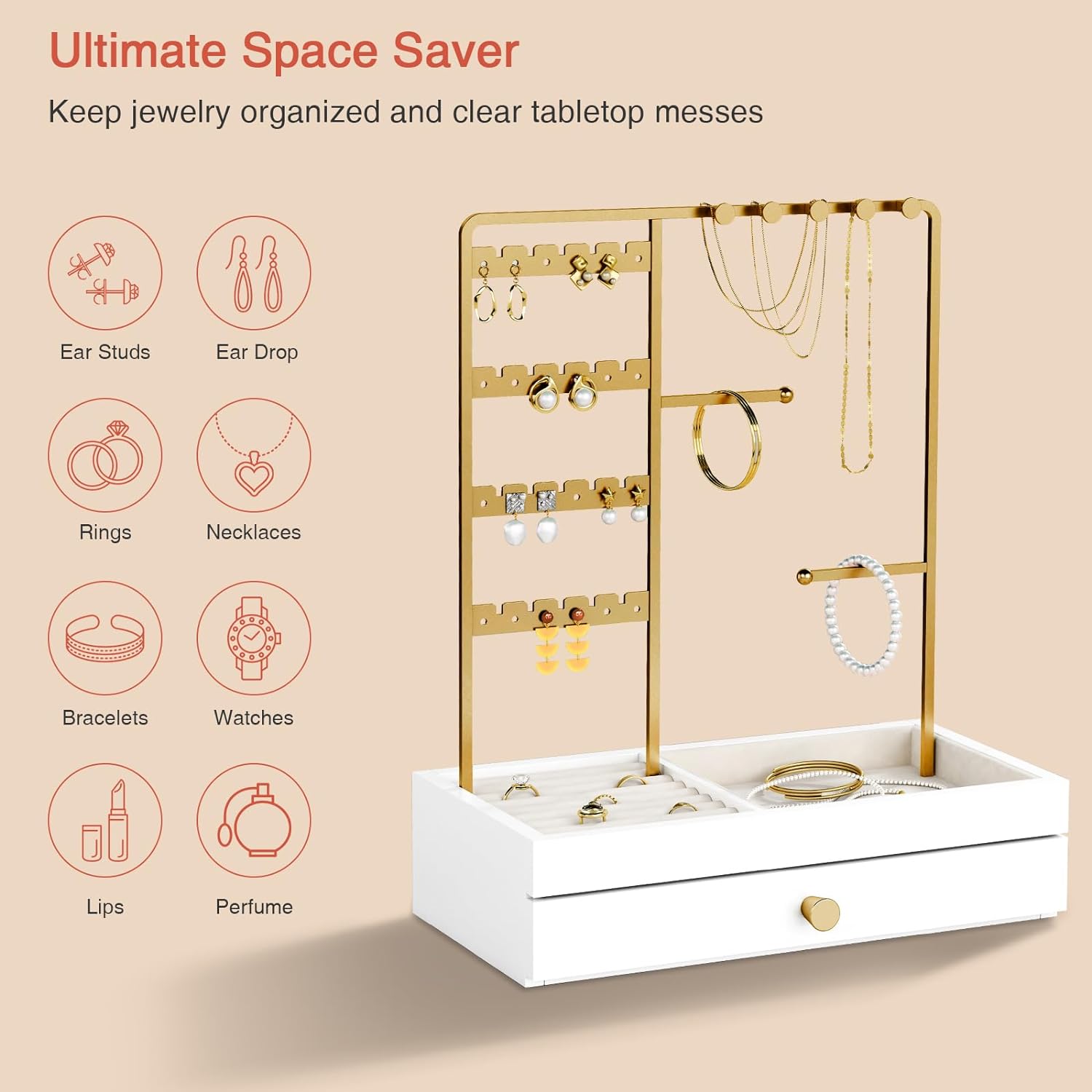 Goozii Jewelry Holder Organizer Stand for Women Girls, Aesthetic Rings Earring Bracelet Necklace Holder for Vanity Dresser, Wood Jewelry Hanger Tree with Tray Drawer Storage Box -White and Gold