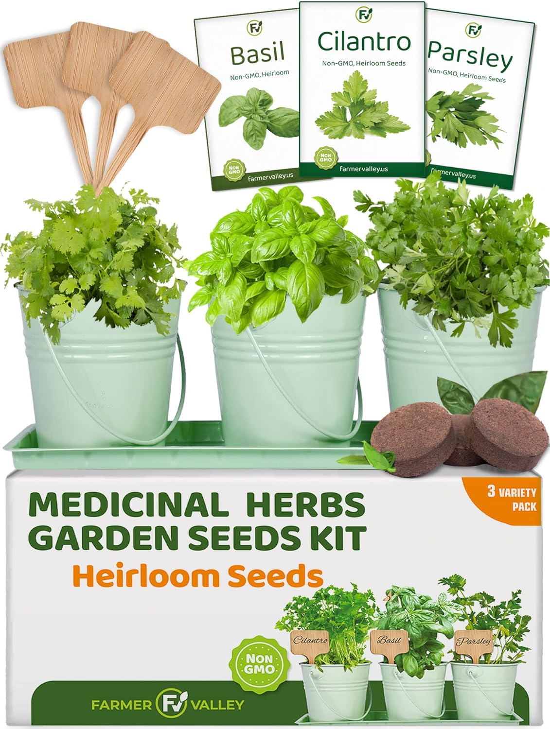 Herb Garden Starter Kit - Medicinal  Tea Heirloom, Non GMO Herb Seeds - Basil, Cilantro, Parsley - Deluxe Metal Pots, Soil, Plant Markers Included - Made in USA - Indoor and Outdoor Home Gardening
