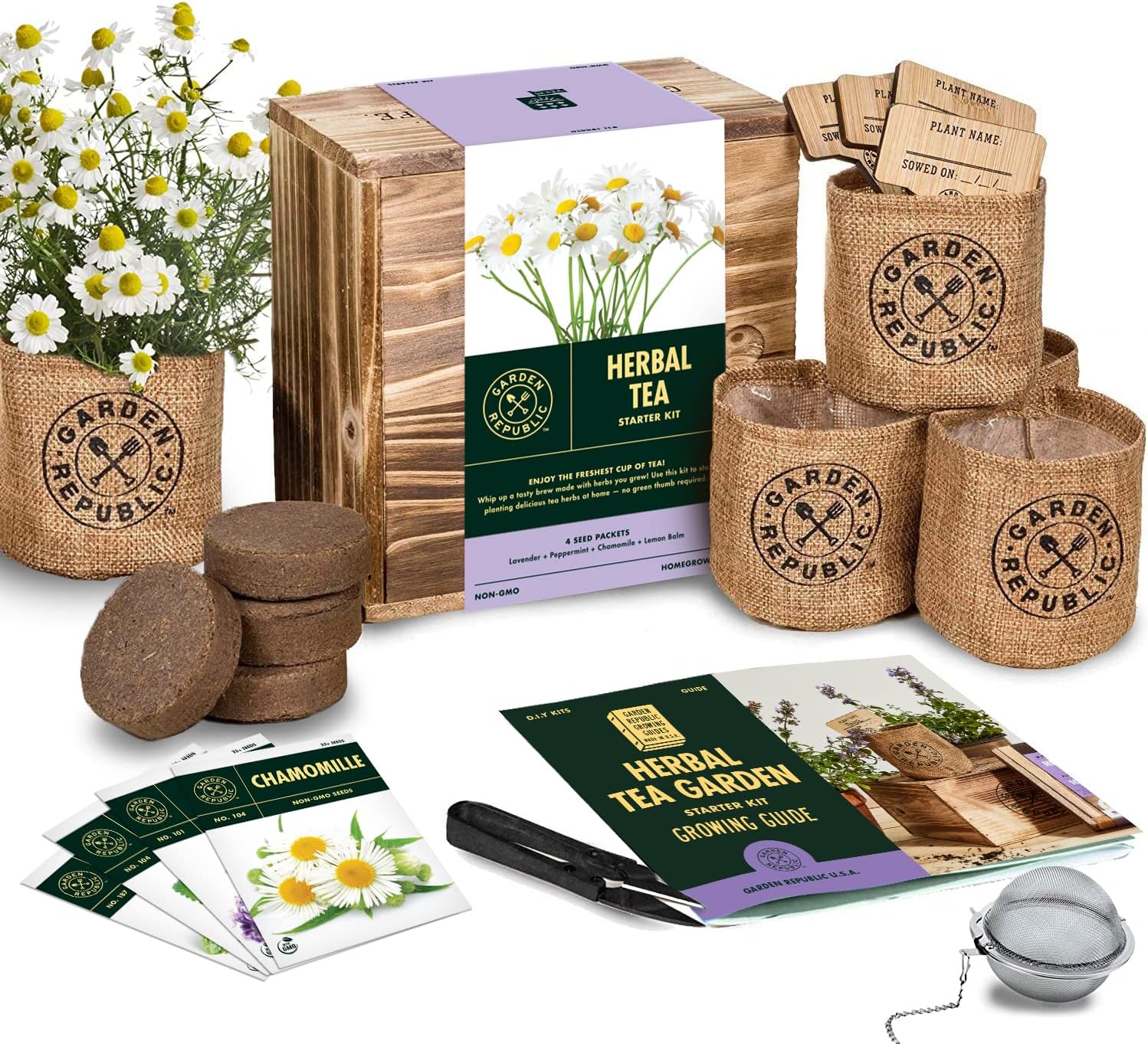 Indoor Herb Garden Seed Starter Kit - Herbal Tea Growing Kits, Grow Medicinal Herbs Indoors, Lavender, Chamomile, Lemon Balm, Mint Seeds for Planting, Soil, Plant Markers, Pots, Infuser, Planter Box