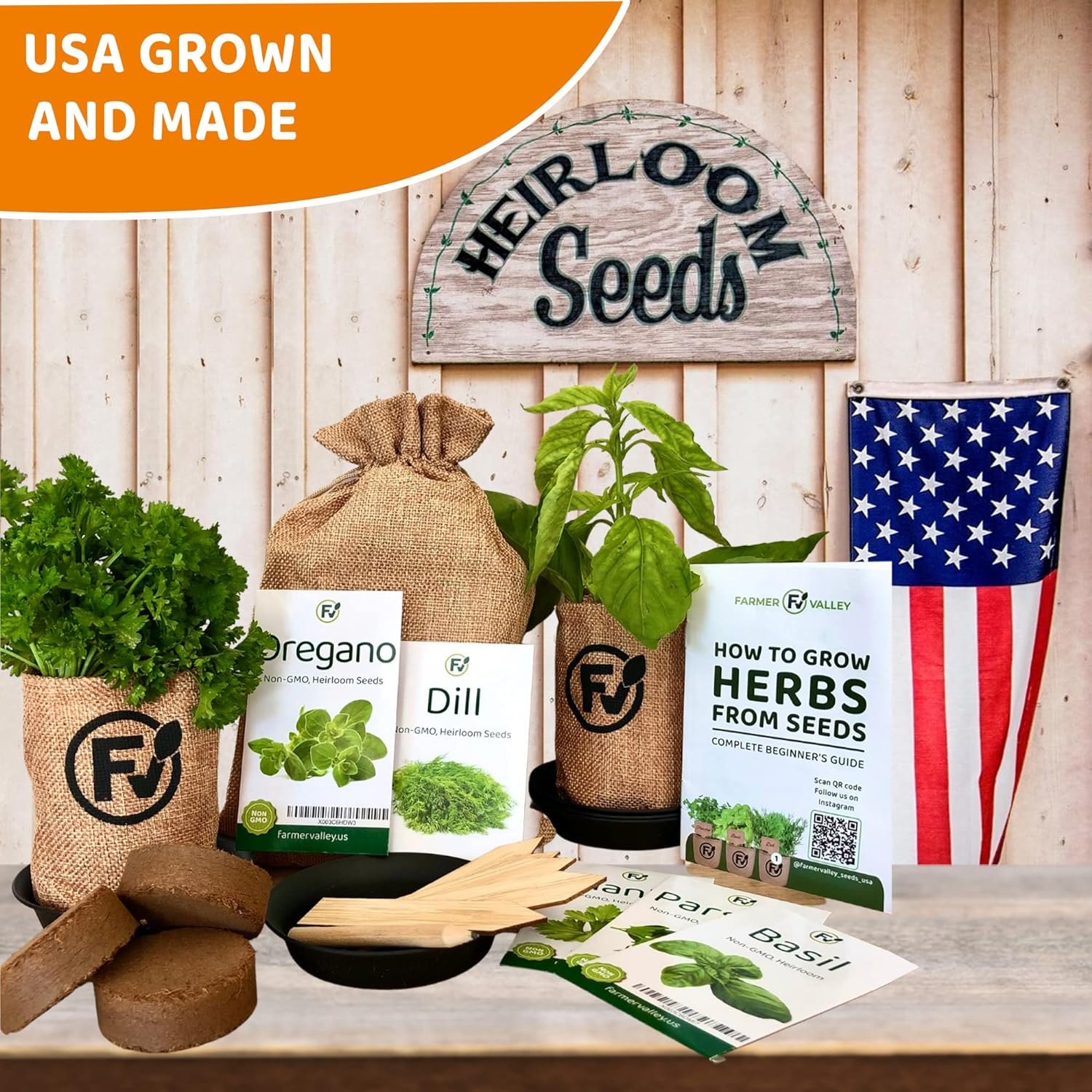 Indoor Herb Starter Grow Kit - 5 Different Medicinal  Tea Herb Seeds - Parsley, Basil, Cilantro (Coriander), Dill, Oregano - Non GMO and Heirloom - Including Pots and Soil - Made in USA