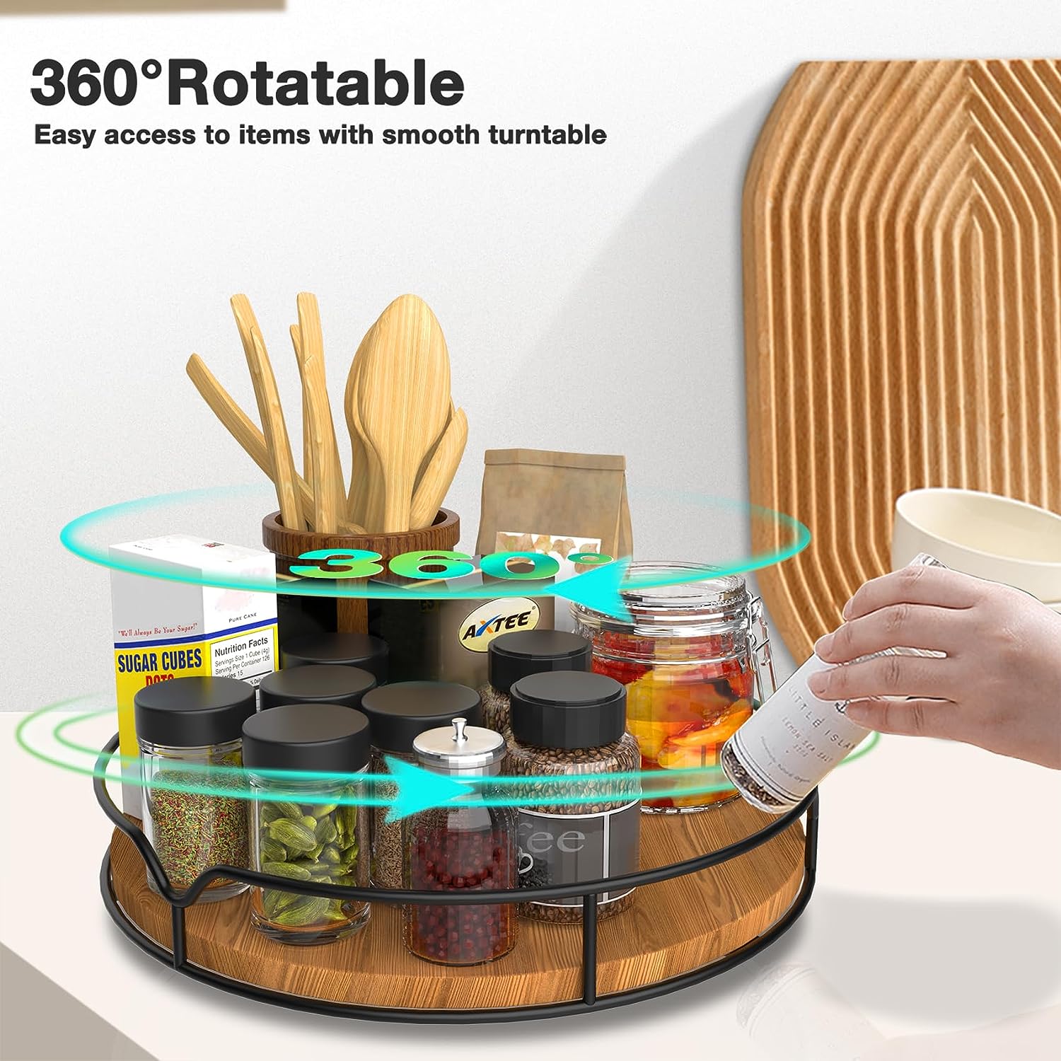 Lazy Susan Turntable Organizer for Cabinet Pantry Kitchen Countertop Refrigerator Cupboard, Pine Wood, 9, Carbonized Black