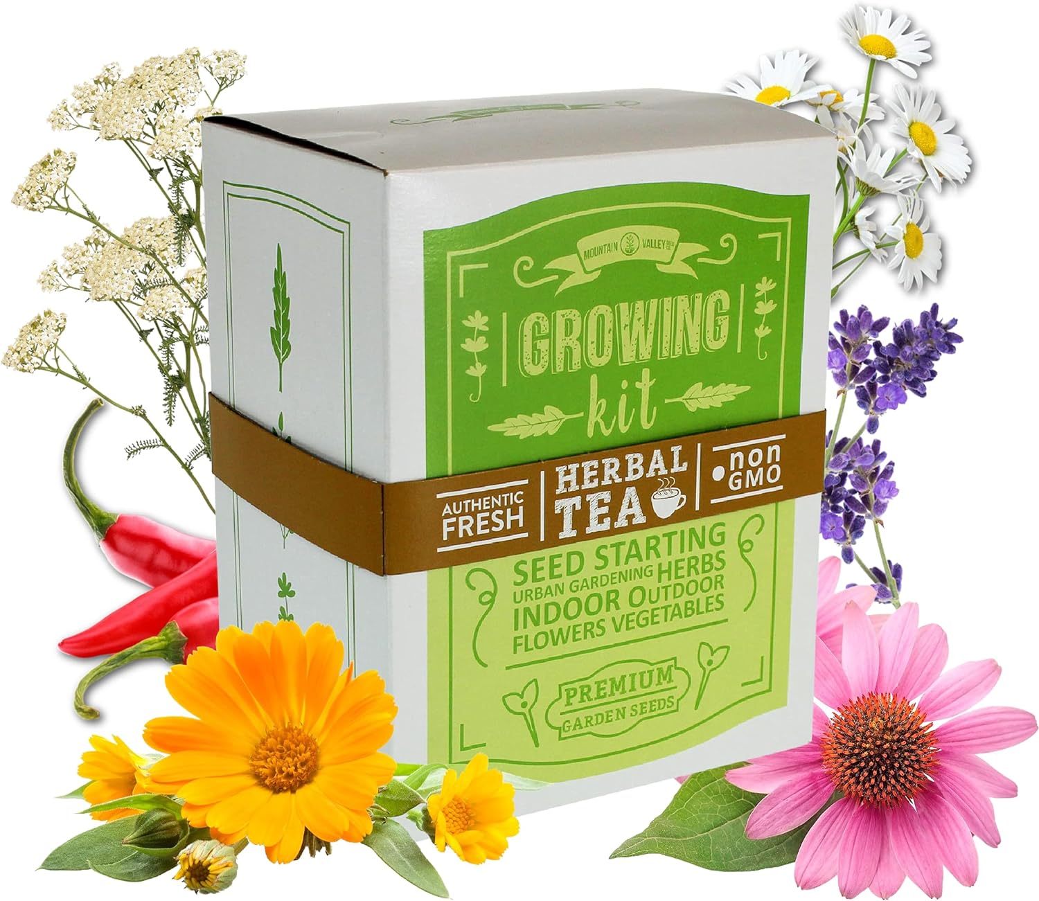 Medicinal  Herbal Tea Indoor Herb Garden Starter Kit - Basic Herb Seeds for Planting - 6 Non-GMO Varieties - Seeds Include Hot Pepper, Yarrow, Echinacea, Calendula, Chamomile, and Lavender