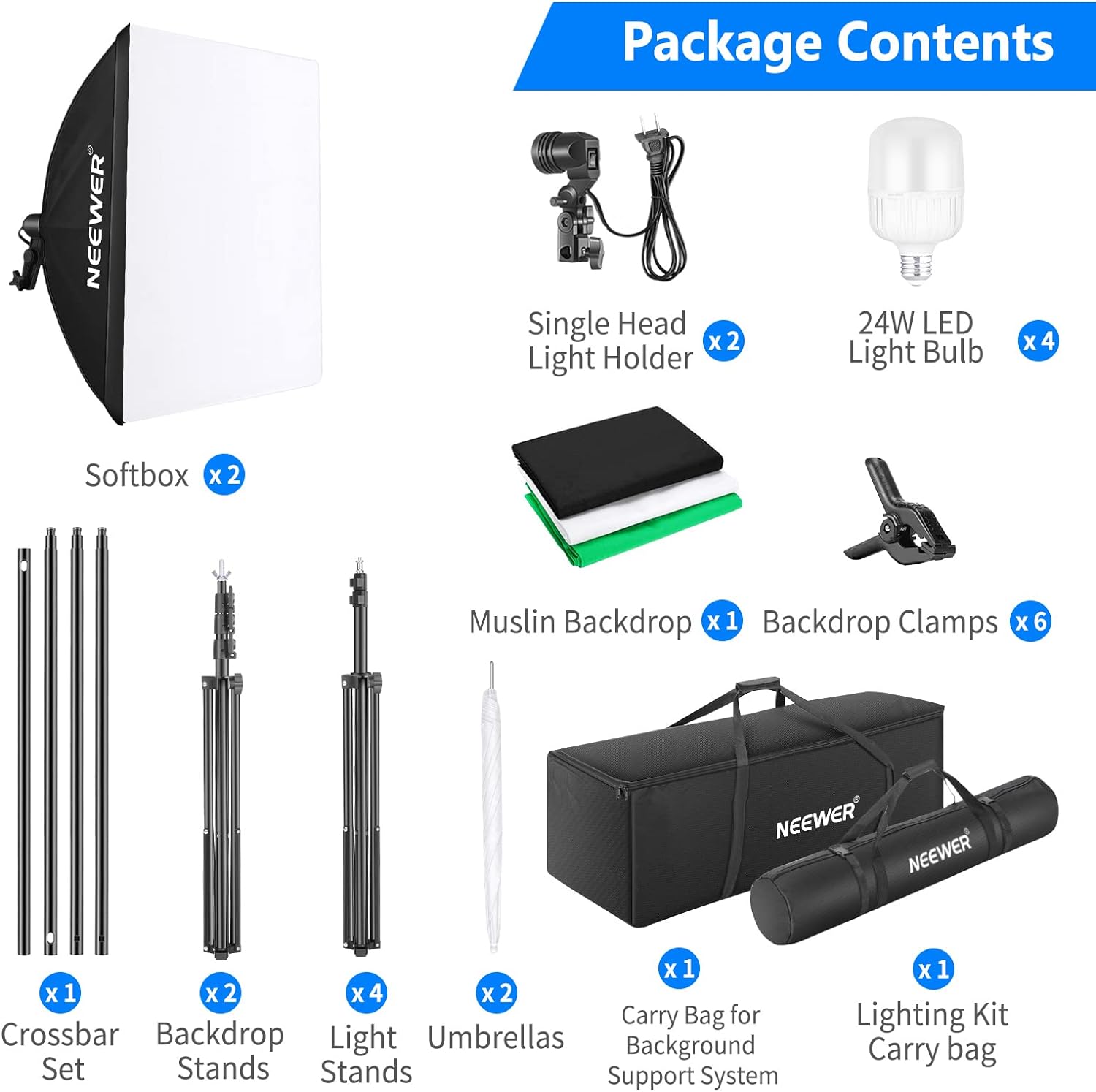 NEEWER Photography Lighting kit with Backdrops, 8.5x10ft Backdrop Stands, UL Certified 5700K 800W Equivalent 24W LED Umbrella Softbox Continuous Lighting, Photo Studio Equipment for Photo Video Shoot
