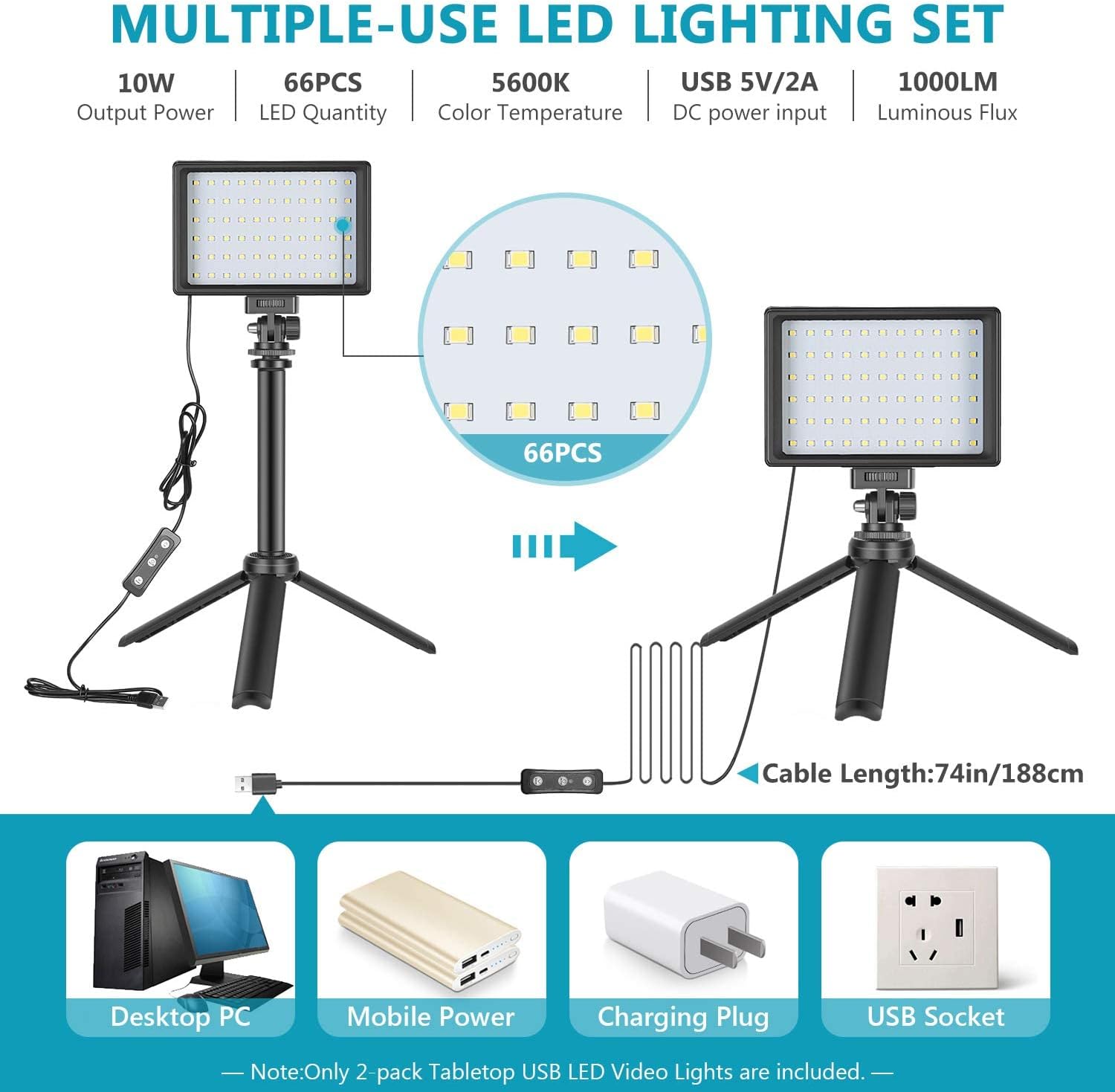 Newks Dimmable 5600K USB LED Video Light 2-Pack with Adjustable Tripod Stand and Color Filters for Tabletop/Low-Angle Shooting/Video Conference Lighting/Game Streaming/YouTube Video Photography