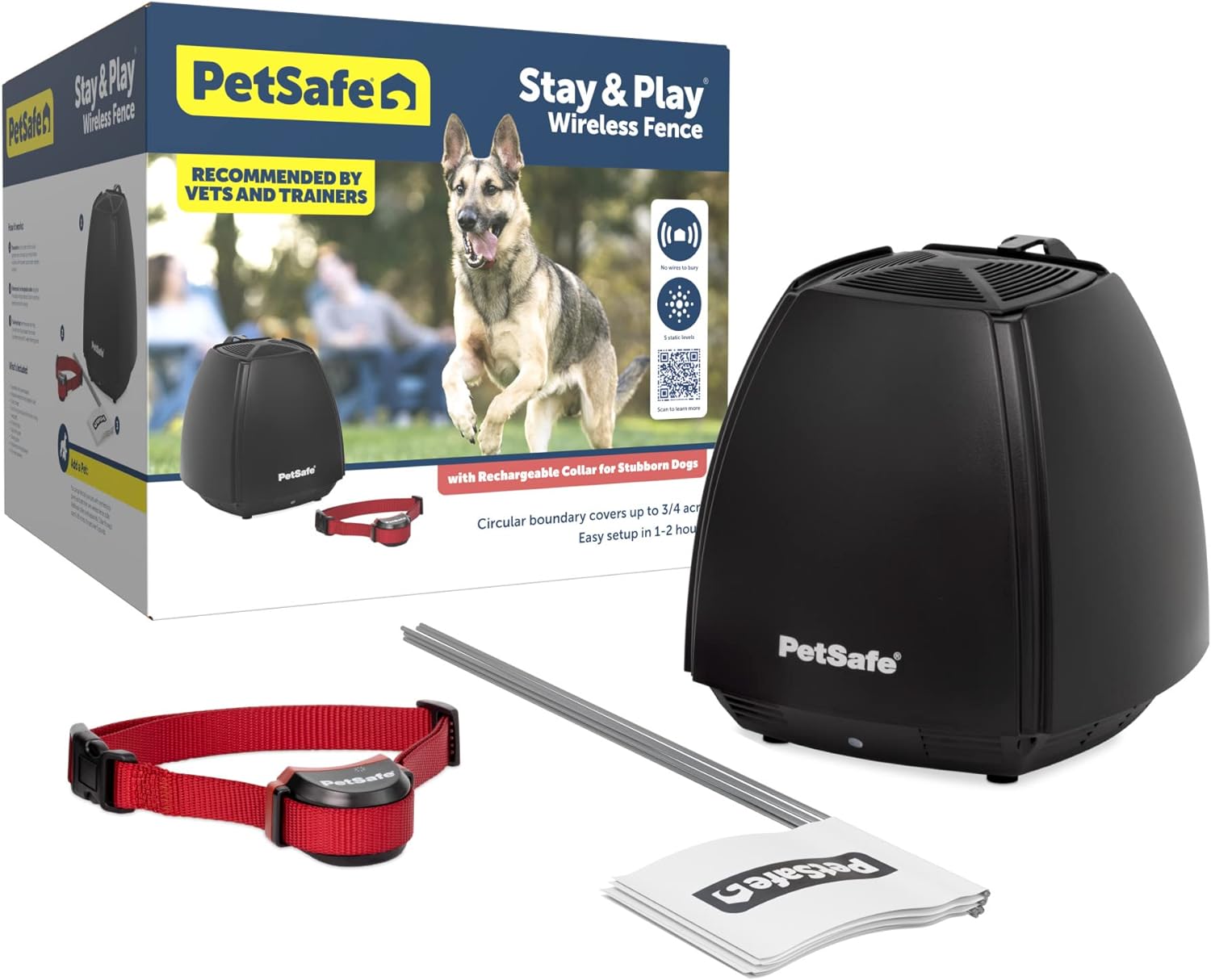 PetSafe Stay  Play Wireless Pet Fence for Stubborn Dogs – No Wire to Bury – Covers 3/4-Acre Yard – For Hard-to-Train Dogs 5 lbs.  Up – Portable – From the Parent Company of INVISIBLE FENCE Brand
