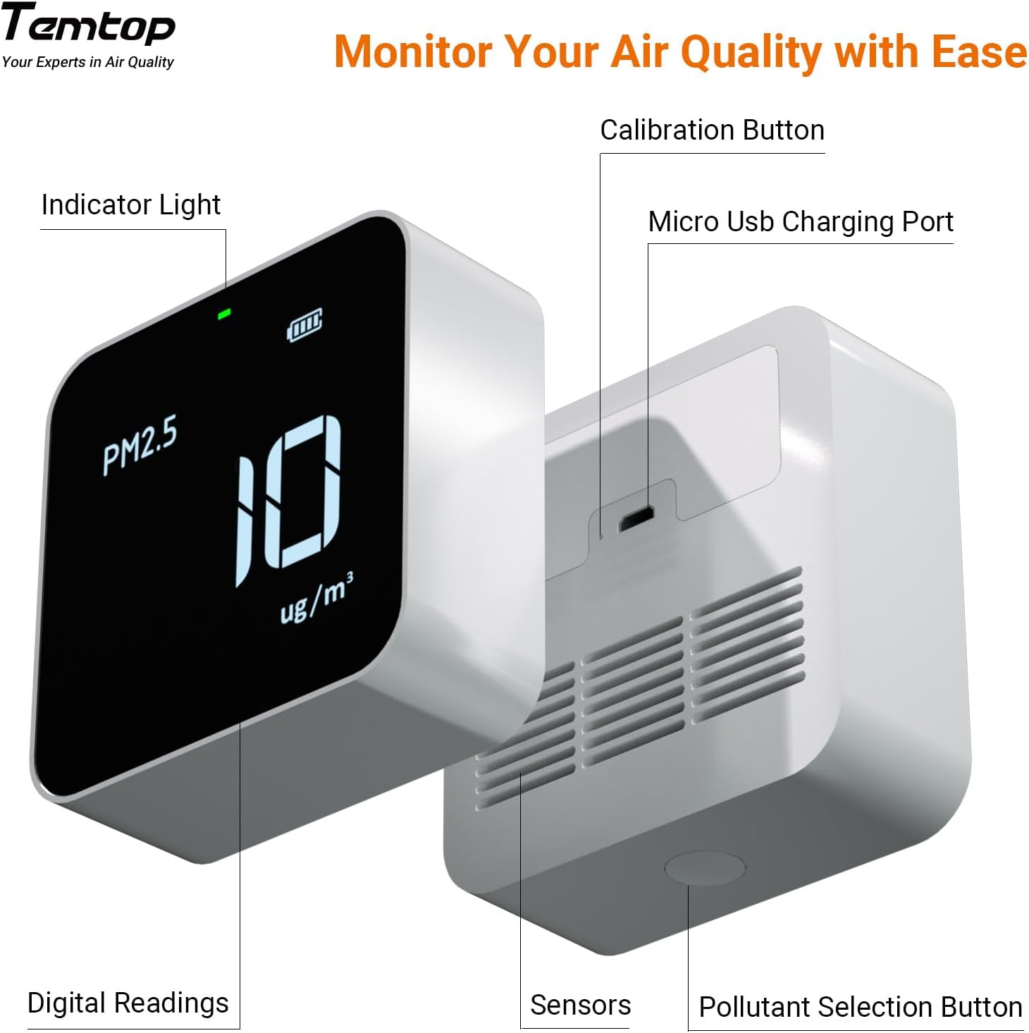 Temtop Smart Air Quality Monitor Indoor Home Air Testing for AQI, PM2.5, Formaldehyde and VOCs with WiFi Connection and Remote Monitoring via App,M10i