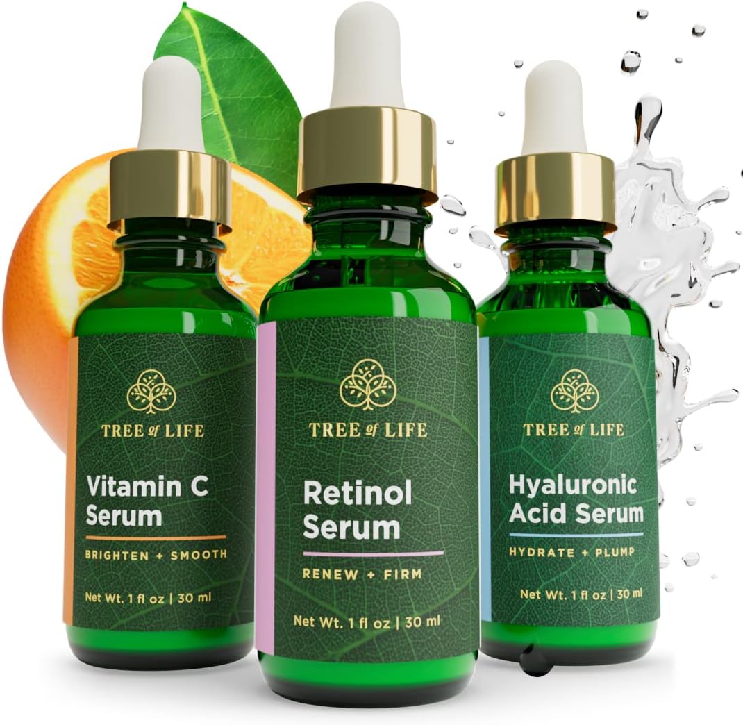Tree of Life Vitamin C, Retinol and Hyaluronic Acid Serum Trio for Brightening, Firming,  Hydrating