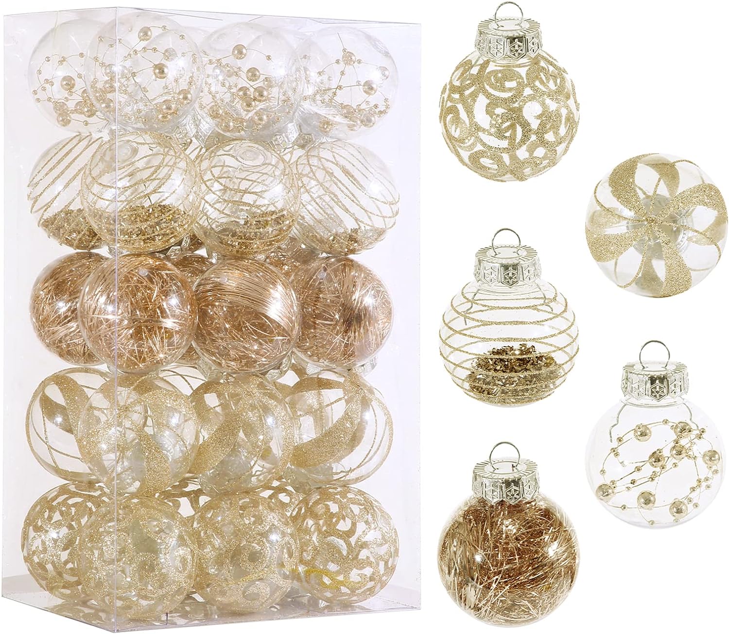 60MM/2.36 Christmas Ornaments Set, 30pcs Clear Christmas Ornaments Champagne Shatterproof Decorative Baubles for Xmas Tree Decoration Christmas Ornament Balls for Holiday Party Indoor Outdoor Decor