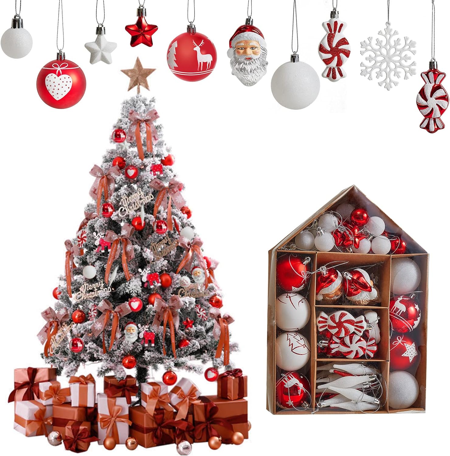 Christmas Tree Ornament Set, 70-Pack Shatterproof Assorted Christmas Tree Ornaments with Hanging Rope for Xmas Decorations Home Party, Holiday Wedding, Includes Santa Claus, Snowflakes, Candies, Etc. : Home Kitchen