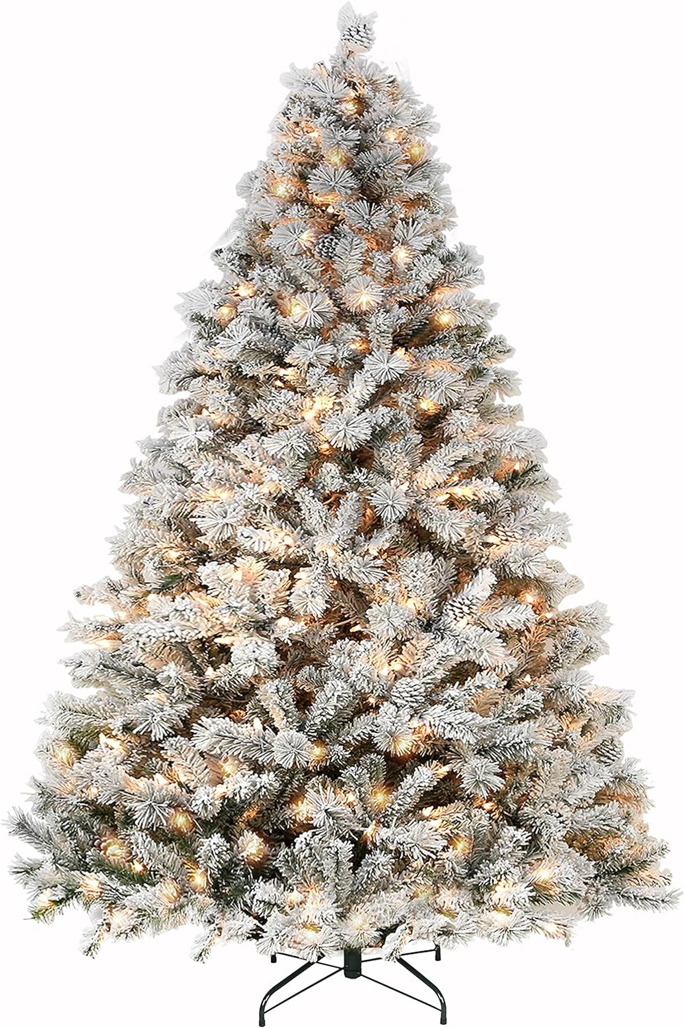 Hykolity 6ft Snow Flocked Christmas Tree, Artificial Christmas Tree with Pine Cones, 250 Warm White Lights, 762 Tips, Metal Stand and Hinged Branches