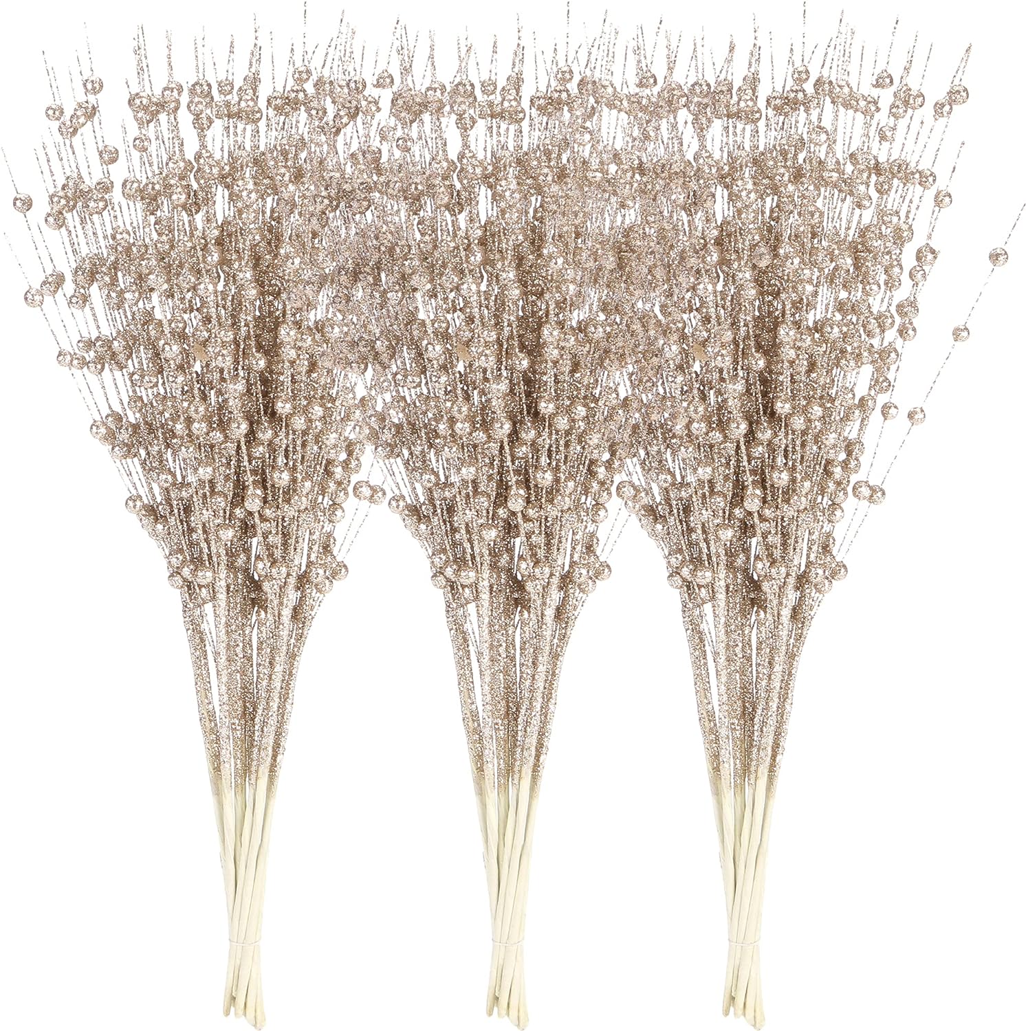 Sea Team 24-Pack Artificial Glitter Berry Stem Ornaments, Decorative Bead Sticks, Glittery Twigs, Picks, Branches for Christmas Tree, Small Vase, Holiday, Wedding, Party (17 Inches, Champagne)