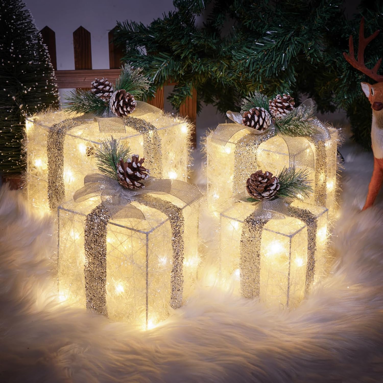 COVFEVER Set of 4 Christmas Lighted Gift Boxes, Pre-lit Lights Gift Boxes, Light up Present Boxes Set Battery Operated with Different Sizes for Holiday Indoor Outdoor Decorations
