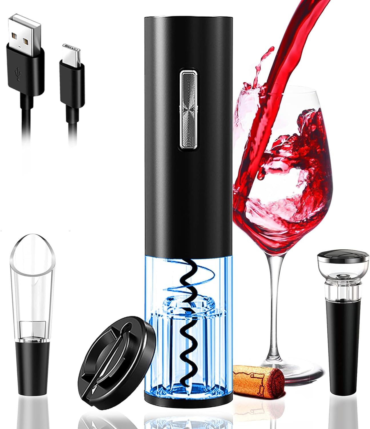 Electric Wine Opener Set, Rechargeable Automatic Wine Corkscrew Remover Kit, Cordless Electric Wine Bottle Opener with USB Charging Cable, Wine Pourer, Vacuum Stopper, Foil Cutter for Wine Lovers Gift