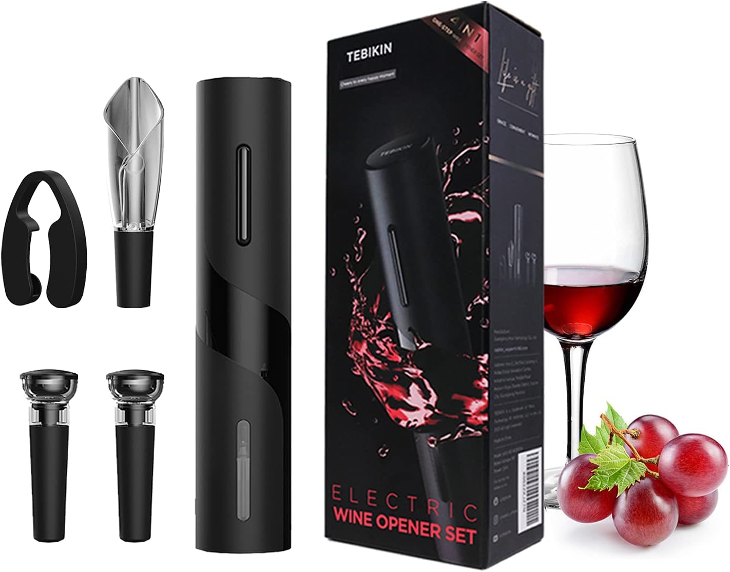Electric Wine Opener Set TEBIKIN Automatic Wine Bottle Openers Cordless Battery Powered Corkscrew with Vacuum Wine Stoppers Wine Aerator Pourer Foil Cutter for Home Gift Party Valentines Day