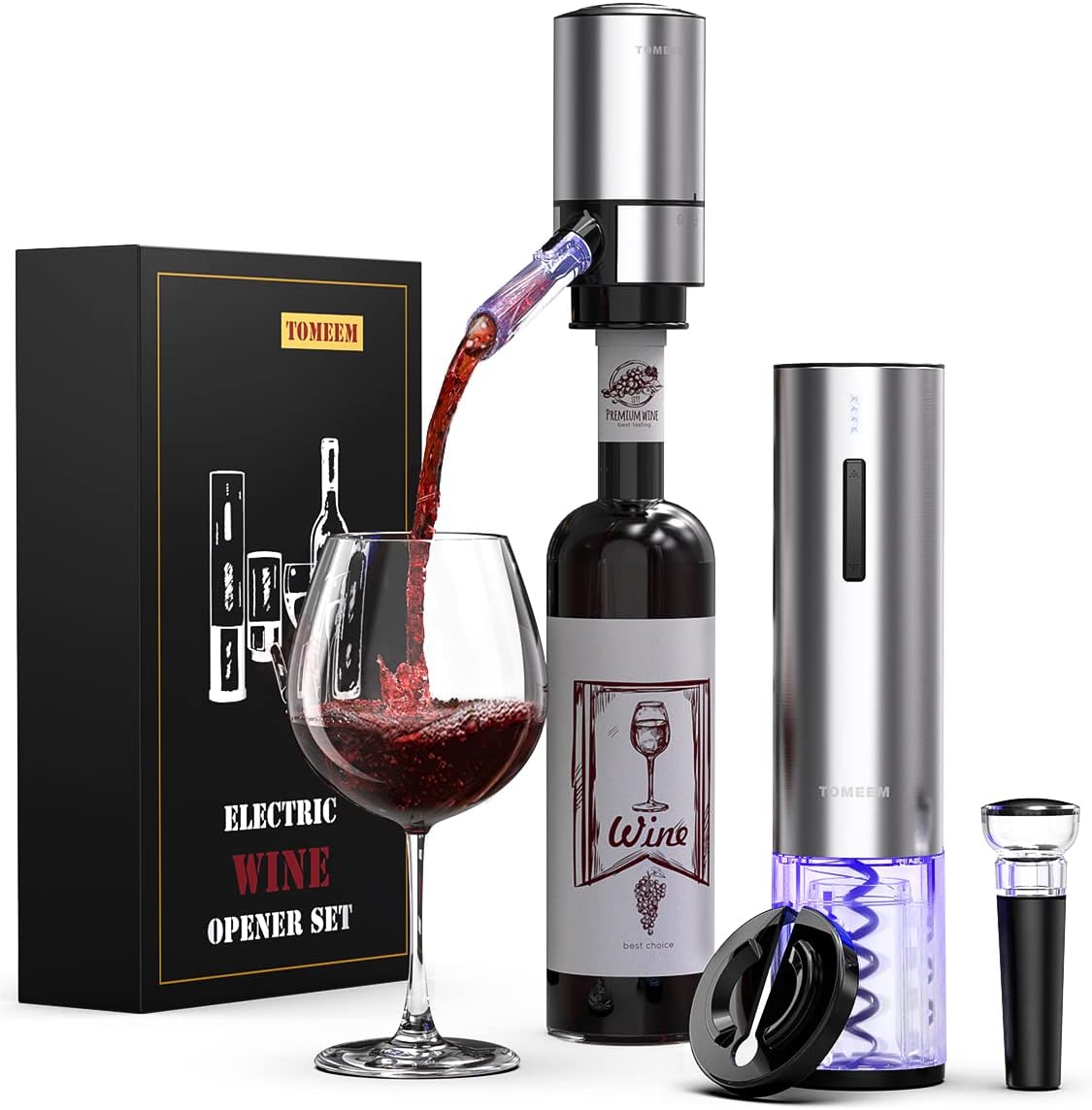 Electric Wine Opener Set, Tomeem Wine Gift with Rechargeable Electric Wine Aerator, Vacuum Stoppers and Foil Cutter, 4-in-1 Electric Bottle Opener for Home Party Bar Outdoor: Home Kitchen