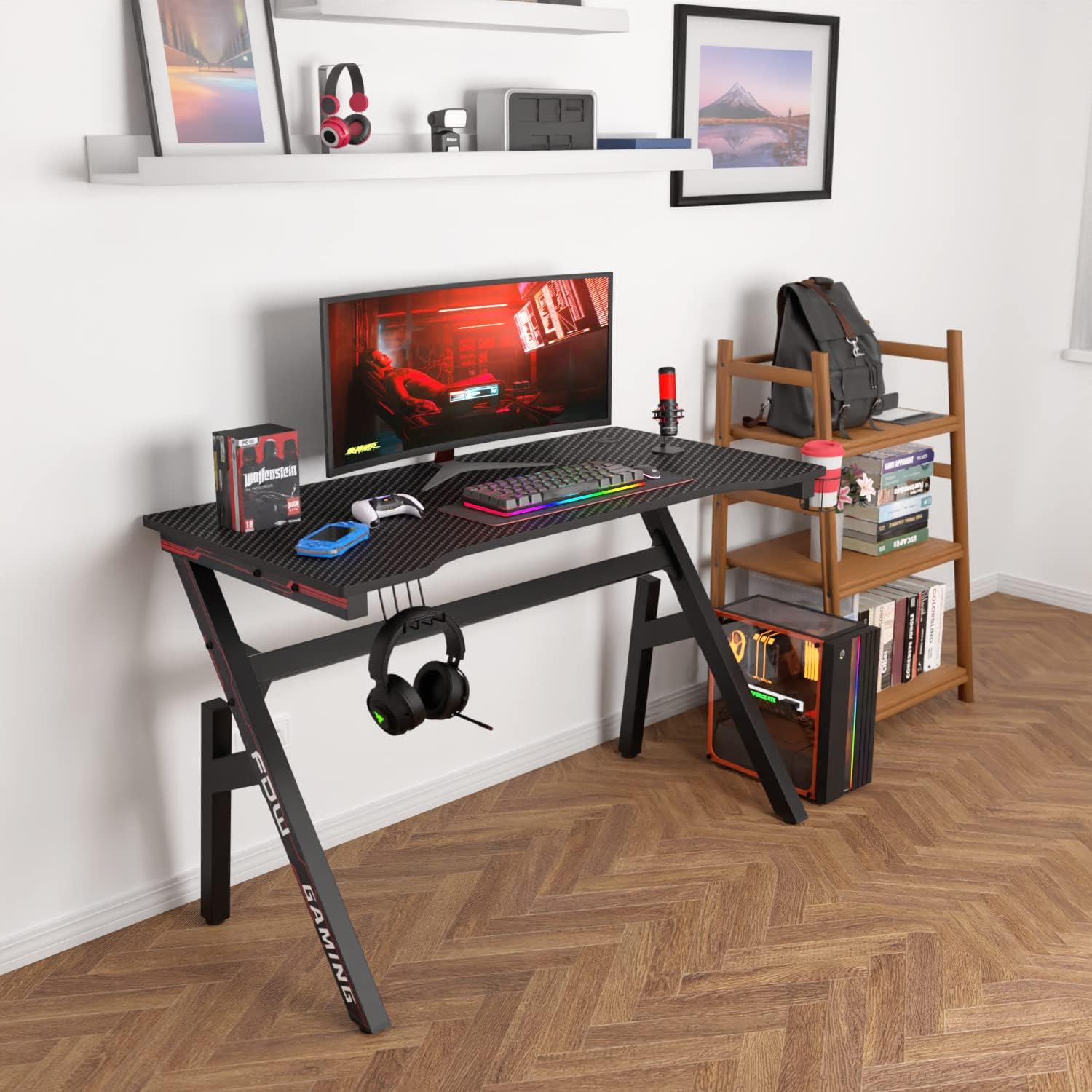 Gaming Desk Computer Desk 47 Inch Home Office Desk Extra Large Modern Ergonomic Black PC Carbon Fiber Table Gamer Workstation with Cup Holder Headphone Hook