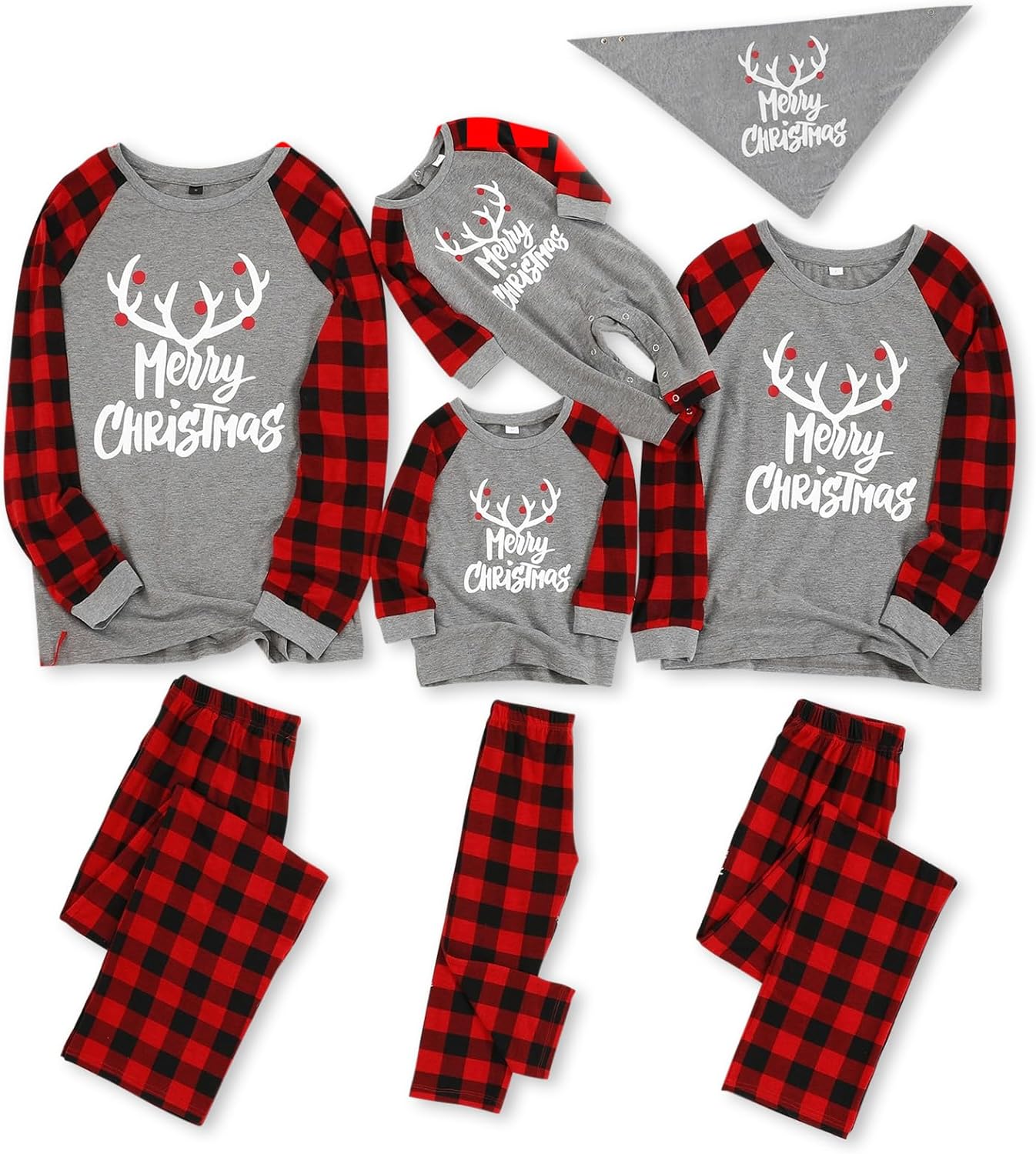 IFFEI Matching Family Pajamas Sets Christmas PJs with Letter and Plaid Printed Long Sleeve Tee and Bottom Loungewear