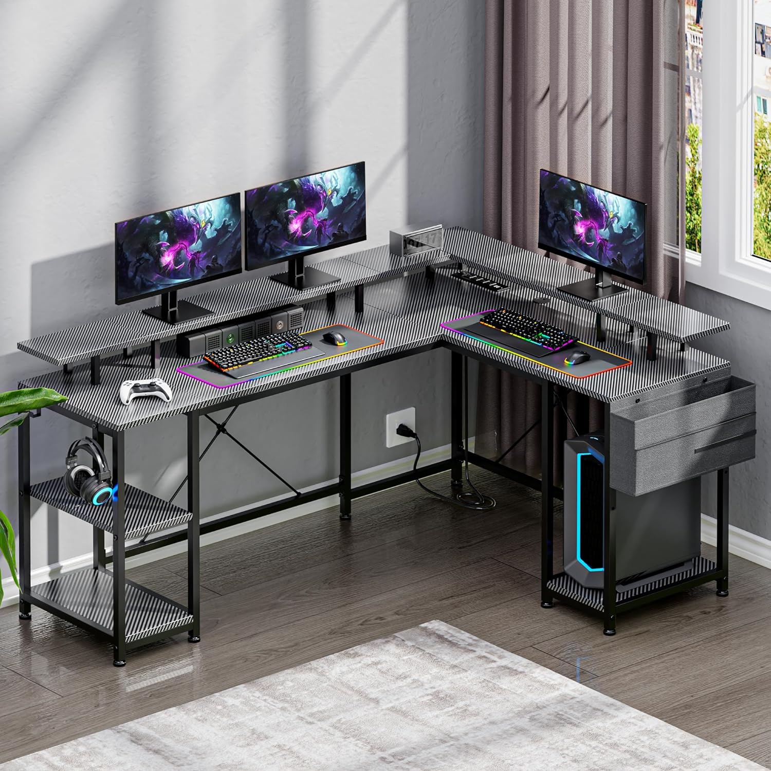 Lulive L Shaped Gaming Desk, 95 Reversible Corner Computer Desk with Power Outlet LED Strip, Home Office Desk with Monitor Stand, Storage Shelf and Storage Bag (Carbon Fiber Black) : Home Kitchen