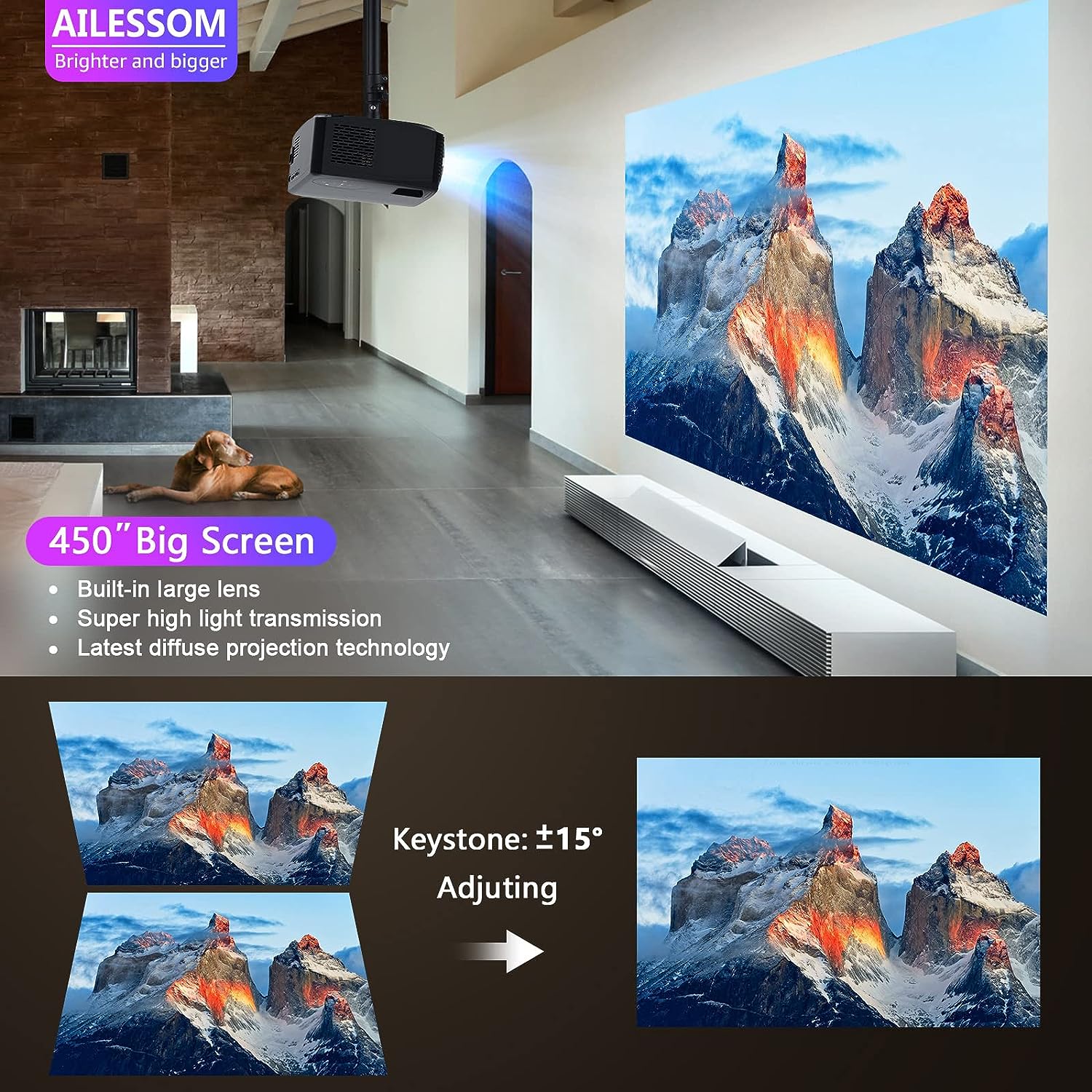 Native 1080P 5G WiFi Bluetooth Projector, AILESSOM 20000LM 450 Display Support 4K Movie Projector, High Brightness for Home Theater and Business, Compatible with iOS/Android/TV Stick/PS4/HDMI/USB/PPT