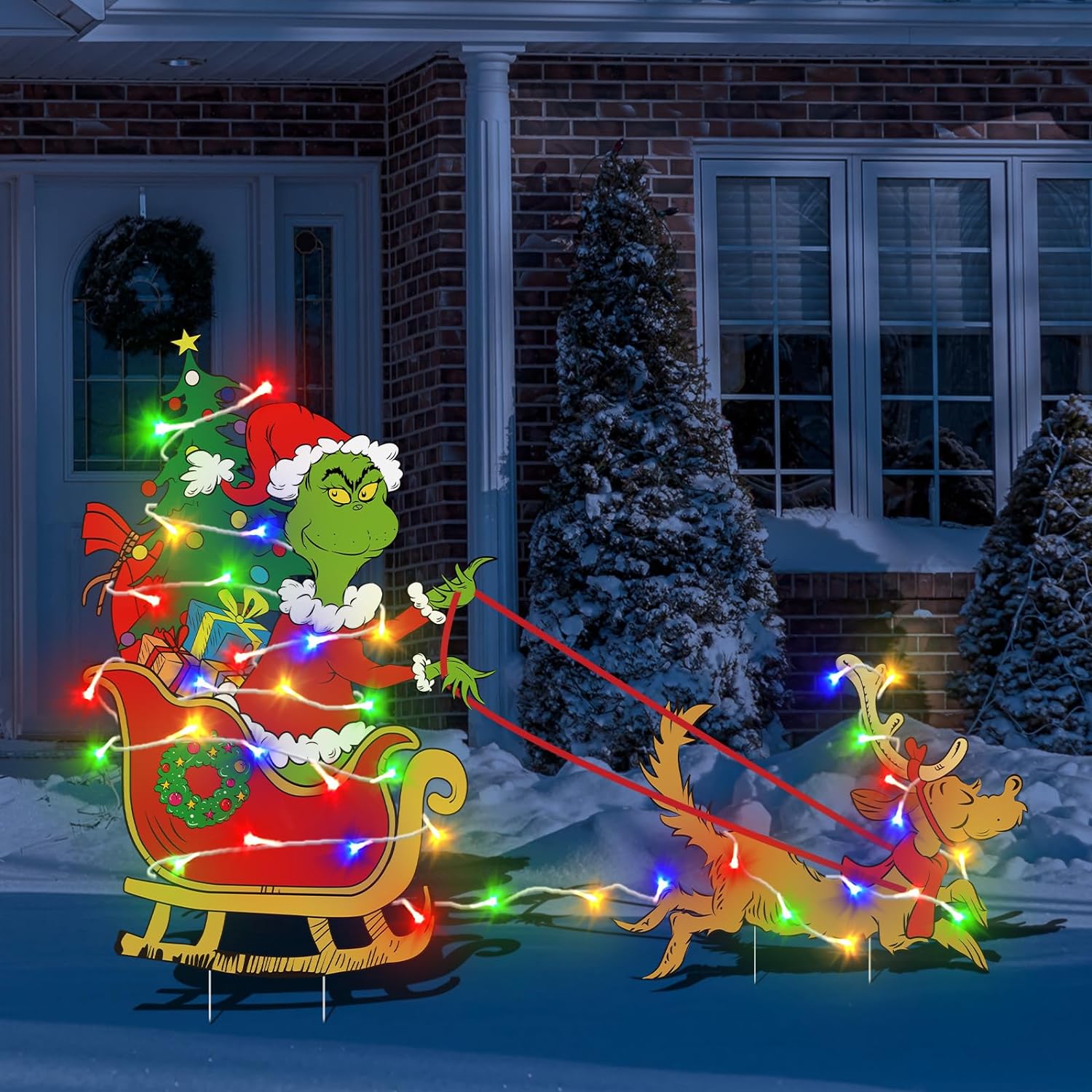 Outdoor Christmas Decorations for Yard - 2pcs Plastic Sleigh Dog Gnome Christmas Yard Signs with Yard Stakes, String Lights for Garden Yard Lawn Christmas Party Supplies