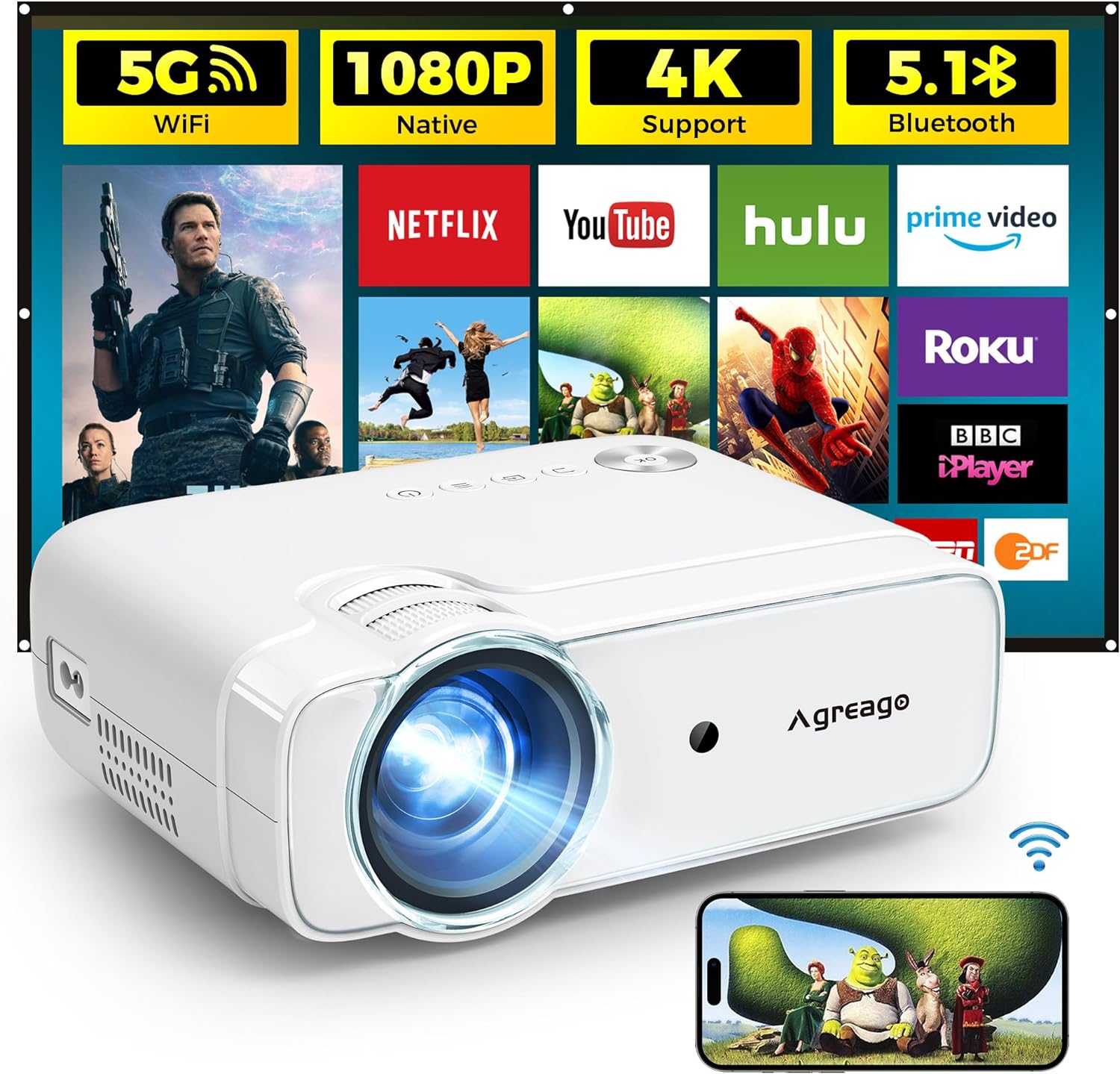 Projector with WiFi and Bluetooth, 5G WiFi Native 1080P 10000L 4K Supported Movie Projector for Home Theater, Agreago Outdoor Projector with Screen, Compatible with TV Stick/iOS/Android/Win/HDMI/USB