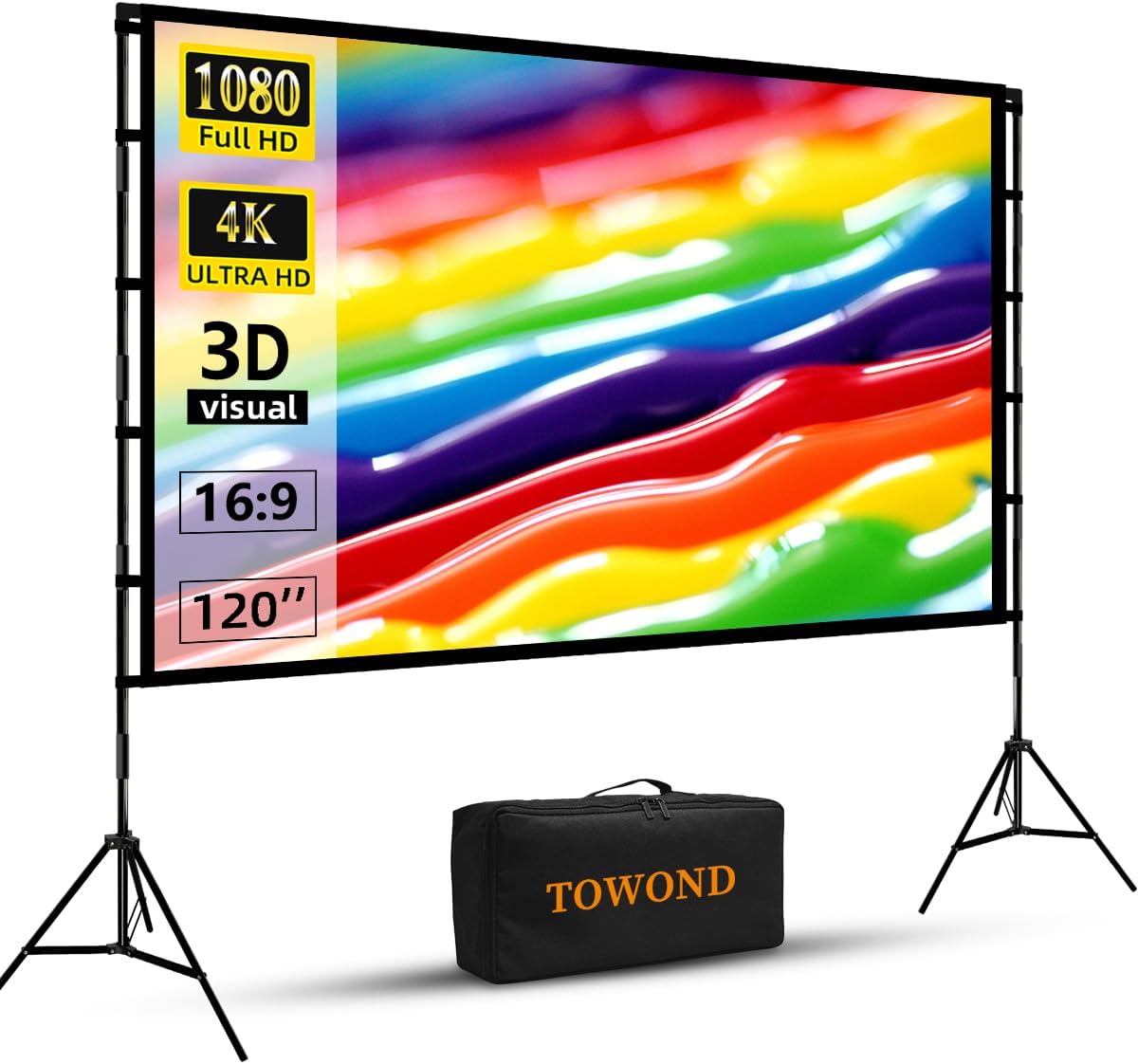 Towond Projector Screen and Stand,120 inch Portable Indoor Outdoor Projector Screen 16:9 4K HD Wrinkle-Free Lightweight Screen with Carry Bag for Backyard Movie Night