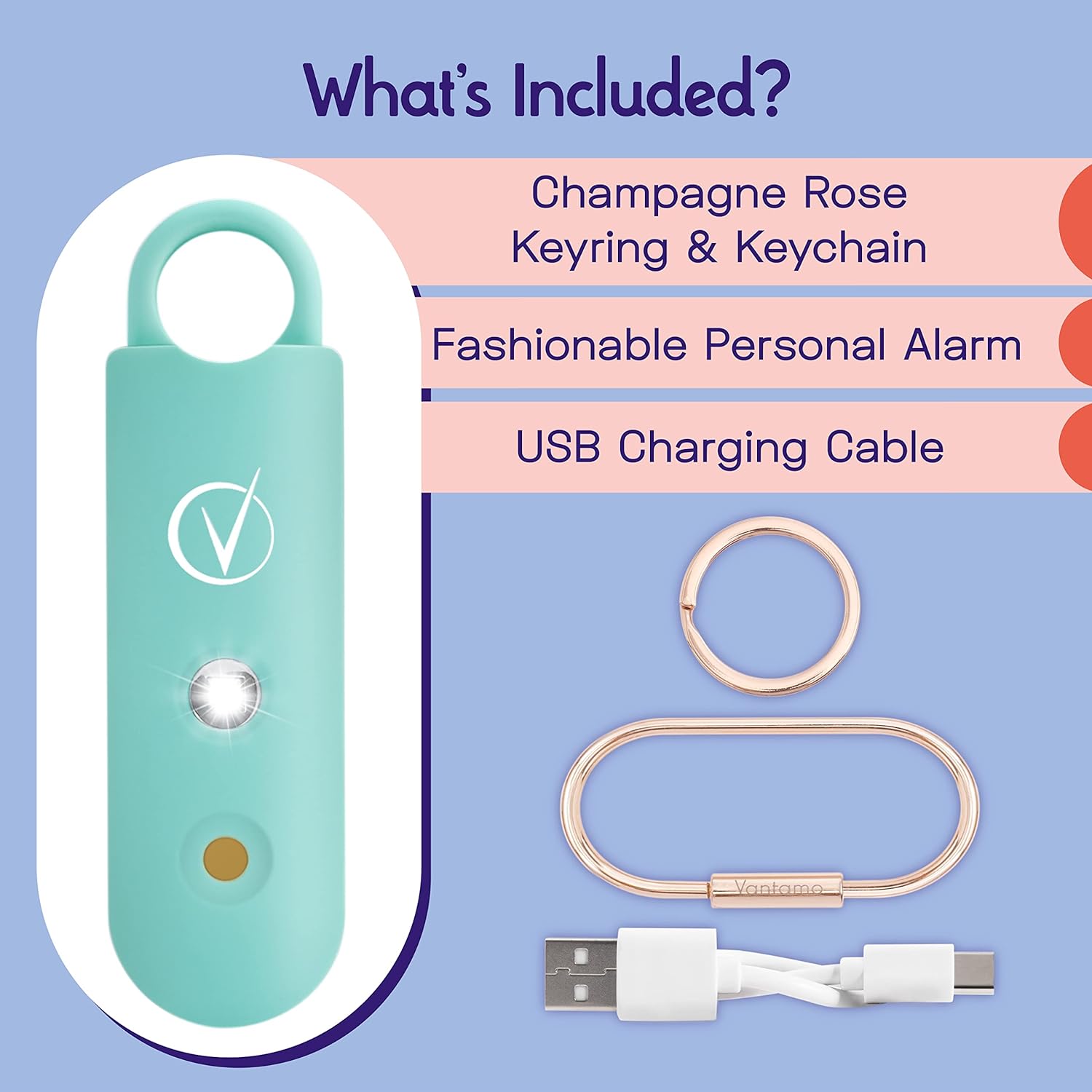 Vantamo Personal Alarm for Women - Extra Loud Double Speakers, First with Low Battery Notice with Strobe Light, Rechargeable - Safety Alarm Keychain