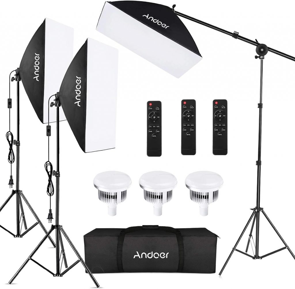 Andoer Softbox Photography Lighting Kit Professional Studio Equipment with 20x28 Softbox, 2800-5700K 85W Bi-Color Temperature Bulb with Remote, Light Stand, Boom Arm for Portrait Product Shooting