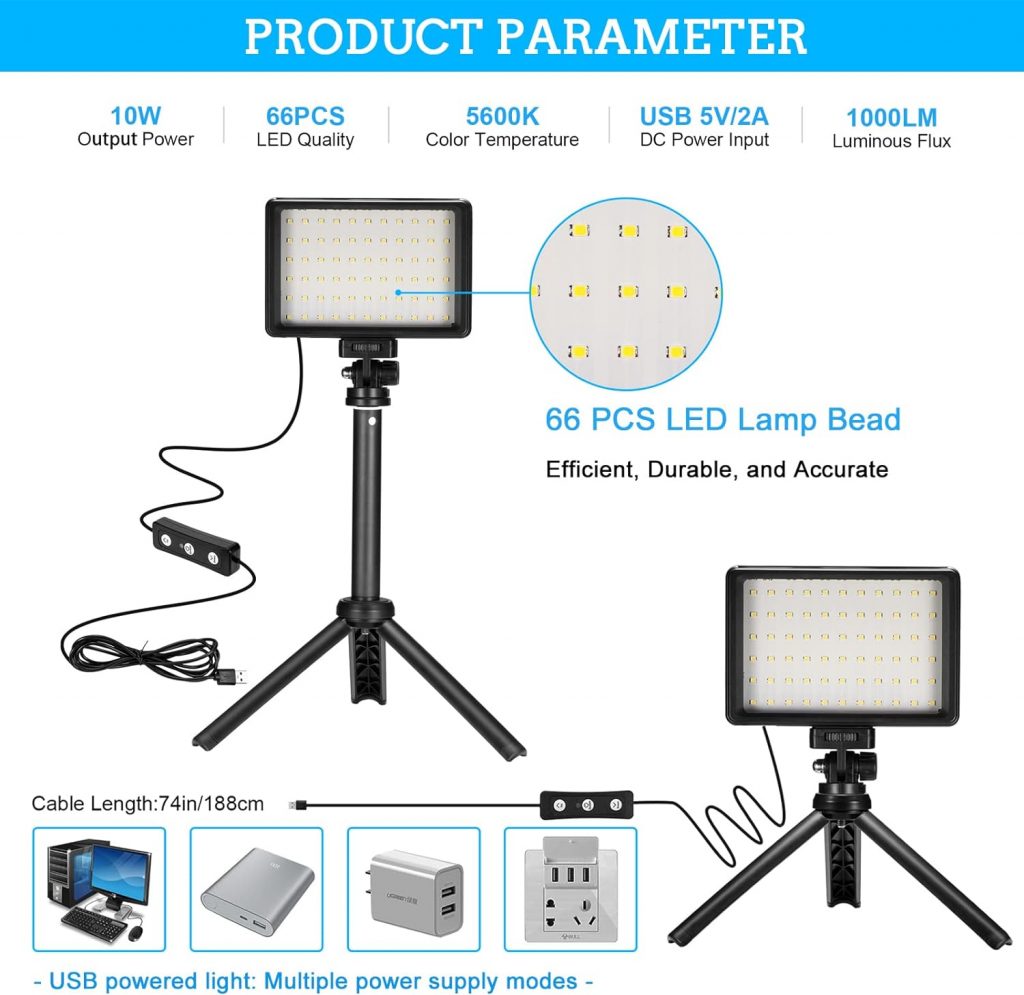 Ci-Fotto LED Video Light 2-Pack, 5600K Dimmable USB Photo Lights with Mini Tripod and Colored Filters for Photo Studios, Small Angle Shooting, Video Recording, Game Streaming