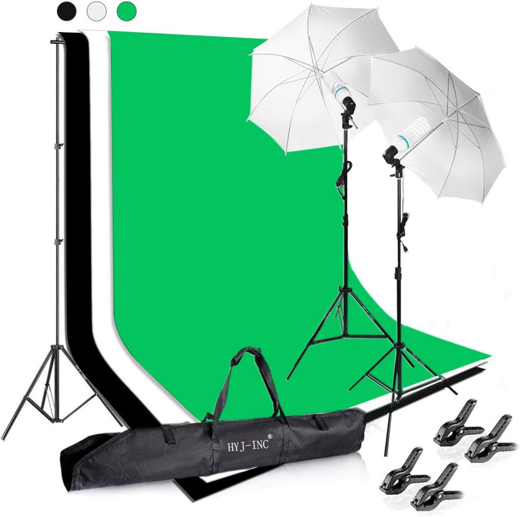 HYJ-INC Photography Photo Video Studio Background Stand Support Kit with 3 Muslin Backdrop Kits (White/Black/Chromakey Green Screen Kit),1050W 5500K Daylight Umbrella Lighting Kit with Carry Bag