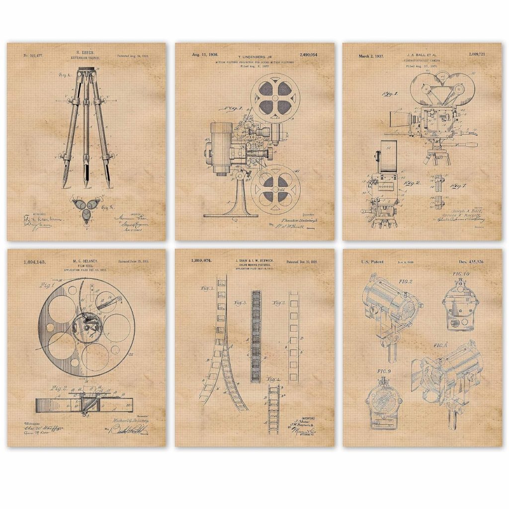 Vintage Video Filmmaking Production Equipments Patent Prints, 6 (8x10) Unframed Photos, Wall Arts Decor Gifts Under 20 for Home Office Garage Man Cave College Student Teacher Hollywood Fans